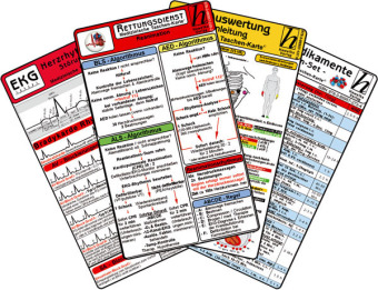 Rettungsdienst Karten-Set - Reanimation, Herzrhythmusstörungen, EKG Auswertung - Anleitung, Notfallmedikamente, 6 Medizinische Taschen-Karten