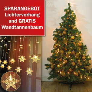 LED-Lichtervorhang Schneeflocken + Wandtannenbaum GRATIS!