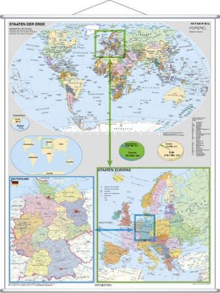 Stiefel Wandkarte Großformat Deutschland und Europa in der Welt (politisch), mit Metallstäben